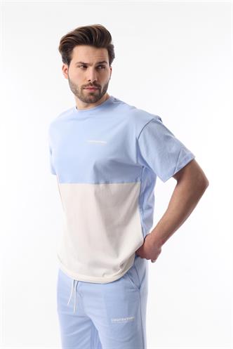 Mavi Baskılı Renk Bloklu Pamuklu Ayarlanabilir Bel Şort Takım 5952