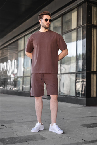 Kahverengi Tensel Kumaş Erkek Şort Tişört Takım E7349