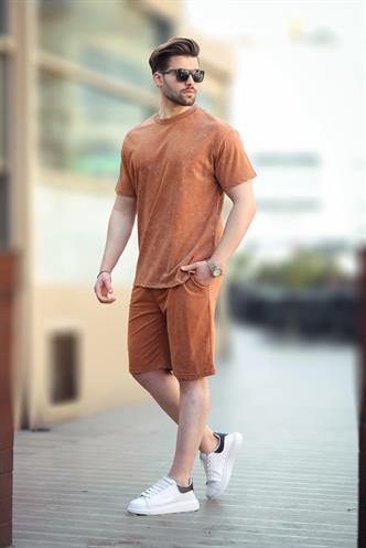 Kahverengi Basic Erkek Şort T-shirt Takımı E7309
