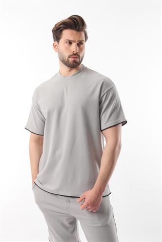 Boyalı Gri Nakış Detaylı Erkek Şort T-shirt Takım E7305