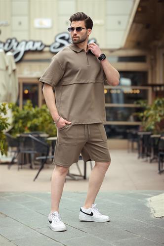 Kahverengi Fermuarlı Polo Yaka Erkek Şort Gömlek Takımı E7314