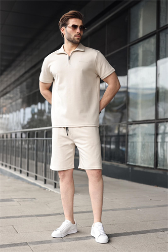 Bej Yarım Fermuarlı Polo Yaka T-shirt Şort Takım E7348