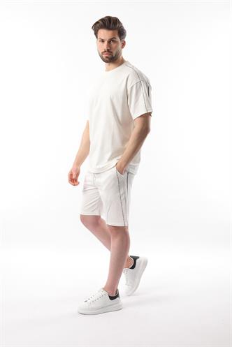 Ekru Overfit Baskılı Erkek Şort T-shirt Takım E7302