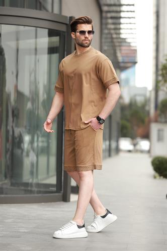 Kapuçino Baskılı %100 Pamuklu Erkek Şort Tişört Takım E7312