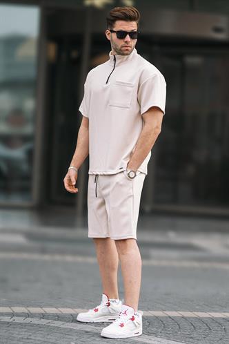 Bej Fermuarlı Erkek Şort Takımı 5947