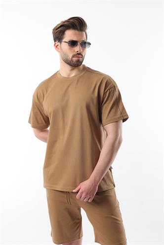 Kapüçino Overfit Baskılı Erkek Şort T-shirt Takım E7302
