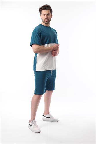 Petrol Mavisi Baskılı Renk Bloklu Pamuklu Ayarlanabilir Bel Şort Takım 5952