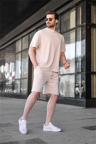 Bej Tensel Kumaş Erkek Şort Tişört Takım E7349