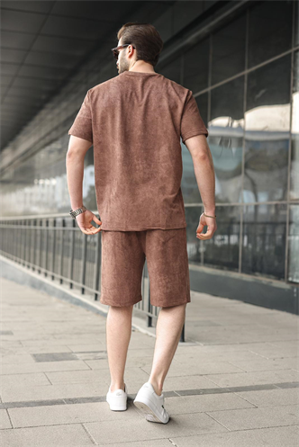 Kahverengi Batik Desenli Overfit Şort T-shirt Takım E7357