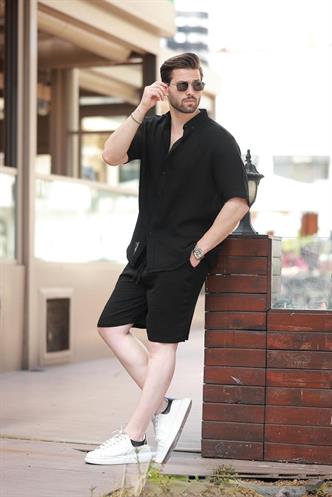 Siyah Basic Erkek Şort Gömlek Takım E7321