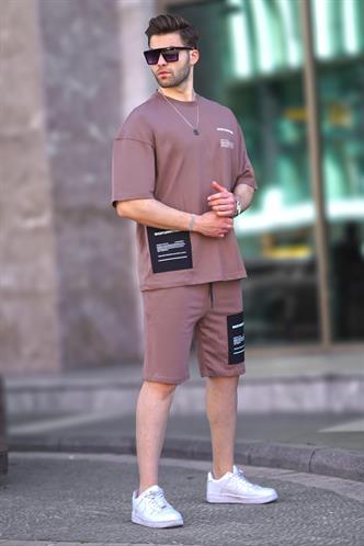 Kahverengi Bisiklet Yaka Baskılı Erkek Şort Takımı 5942