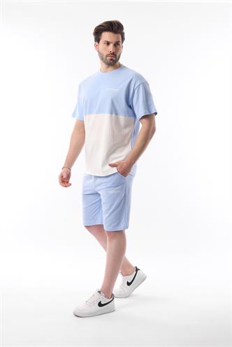 Mavi Baskılı Renk Bloklu Pamuklu Ayarlanabilir Bel Şort Takım 5952