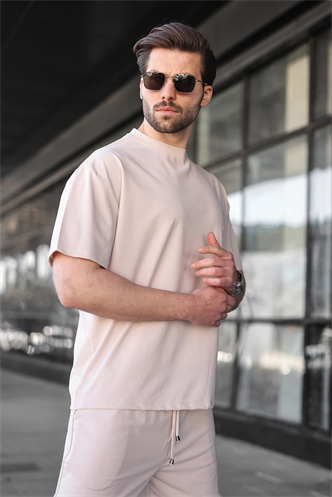 Bej Tensel Kumaş Erkek Şort Tişört Takım E7349