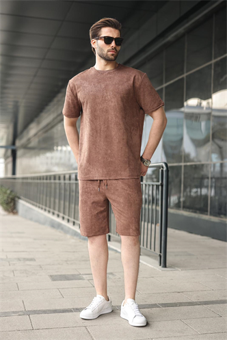 Kahverengi Batik Desenli Overfit Şort T-shirt Takım E7357