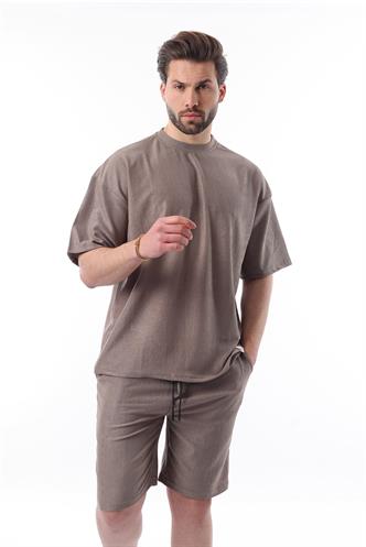Kahverengi Bisiklet Yaka Erkek Şort Takımı 5949