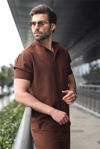 Acı Kahverengi Erkek Şort Gömlek Takım E7350