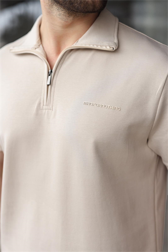 Bej Yarım Fermuarlı Polo Yaka T-shirt Şort Takım E7348