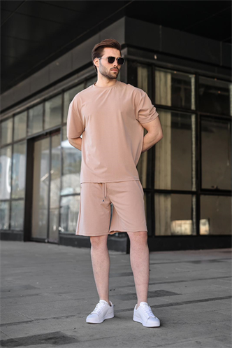 Taş Rengi Tensel Kumaş Erkek Şort Tişört Takım E7349