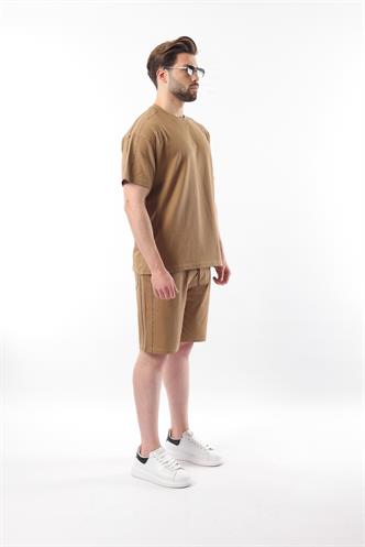 Kapüçino Overfit Baskılı Erkek Şort T-shirt Takım E7302