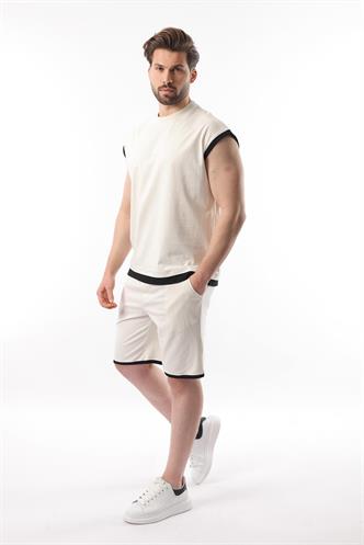 Ekru Sıfır Kol Erkek Şort T-shirt Takım E7308