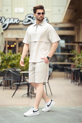 Taş Rengi Fermuarlı Polo Yaka Erkek Şort Gömlek Takımı E7314