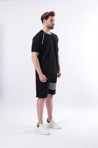 Siyah Baskılı Reglan Kol Erkek Şort T-shirt Takımı E7306