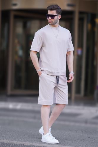 Bej Bisiklet Yaka Basic Erkek Şort Takımı 5953