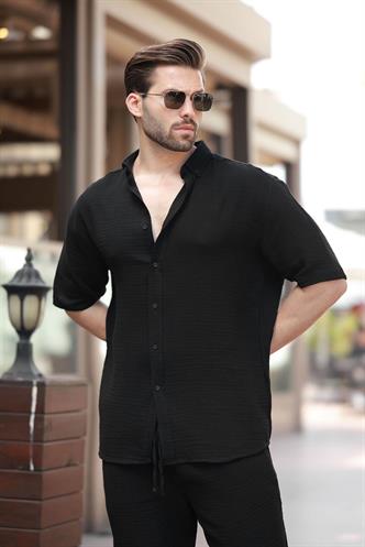 Siyah Basic Erkek Şort Gömlek Takım E7321