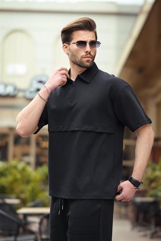 Siyah Fermuarlı Polo Yaka Erkek Şort Gömlek Takımı E7314
