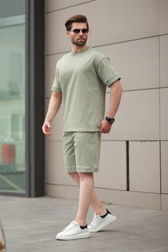 Mint Yeşili Baskılı %100 Pamuklu Erkek Şort Tişört Takım E7312