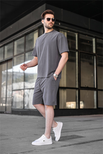 Boyalı Gri Tensel Kumaş Erkek Şort Tişört Takım E7349