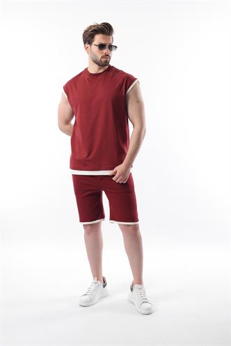 Bordo Sıfır Kol Erkek Şort T-shirt Takım E7308