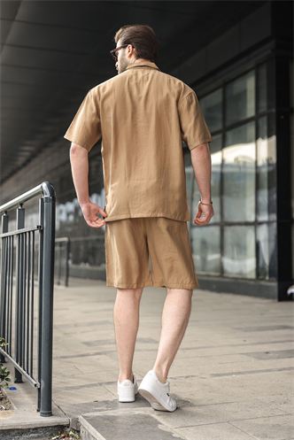 Camel Tensel Kumaş Erkek Şort Gömlek Takım E7352