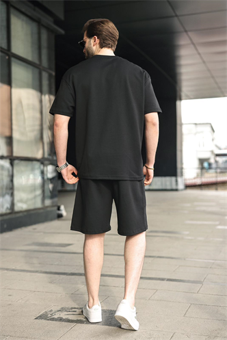 Siyah Bisiklet Yaka Oversize Erkek Şort T-shirt Takım E7355