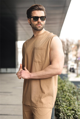 Kapuçino Bisiklet Yaka Kolsuz Erkek Şort T-shirt Takım E7351