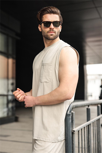 Boyalı Gri Bisiklet Yaka Kolsuz Erkek Şort T-shirt Takım E7351