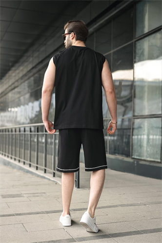 Siyah Bisiklet Yaka Kolsuz Erkek Şort T-shirt Takım E7351