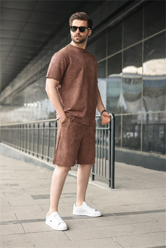 Kahverengi Batik Desenli Overfit Şort T-shirt Takım E7357