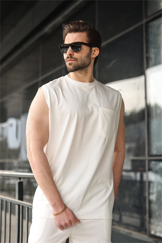 Ekru Bisiklet Yaka Kolsuz Erkek Şort T-shirt Takım E7351