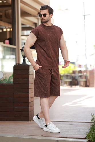 Acı Kahve Basic Erkek Yırtık Detaylı Şort T-shirt Takım E7319