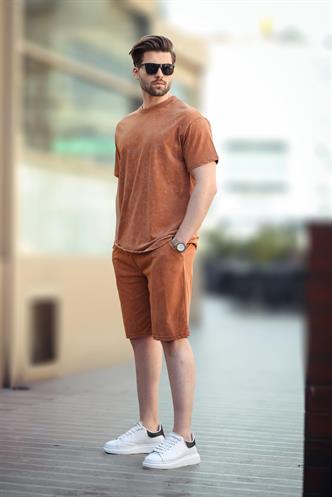 Kahverengi Basic Erkek Şort T-shirt Takımı E7309