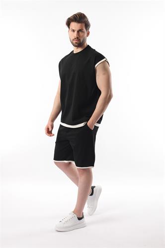 Siyah Sıfır Kol Erkek Şort T-shirt Takım E7308
