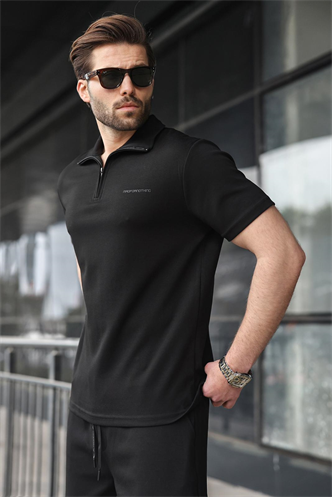 Siyah Yarım Fermuarlı Polo Yaka T-shirt Şort Takım E7348