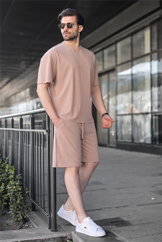 Taş Rengi Tensel Kumaş Erkek Şort Tişört Takım E7349