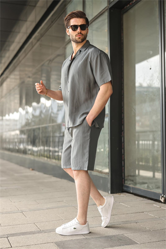 Füme Tensel Kumaş Erkek Şort Gömlek Takım E7352