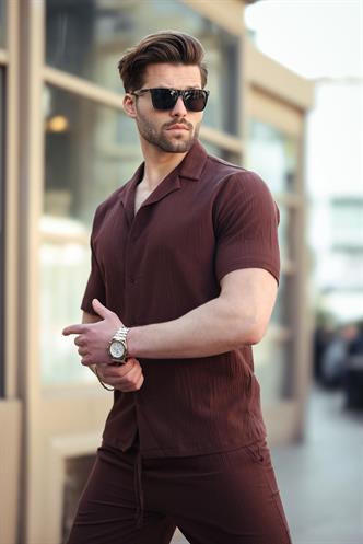 Kahverengi Erkek Gömlek Şort Takımı 5956