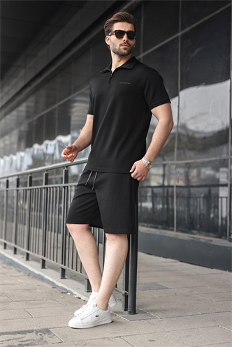Siyah Yarım Fermuarlı Polo Yaka T-shirt Şort Takım E7348