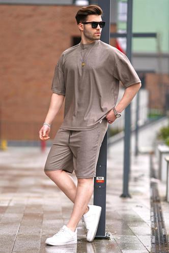 Kahverengi Bisiklet Yaka Erkek Şort Takımı 5949