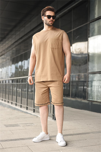 Kapuçino Bisiklet Yaka Kolsuz Erkek Şort T-shirt Takım E7351