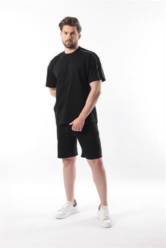 Siyah Overfit Baskılı Erkek Şort T-shirt Takım E7302